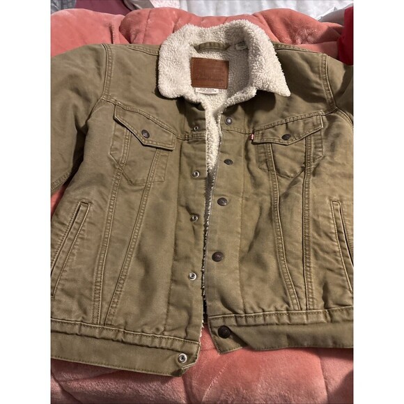 Levi Strauss Premium Jean Jacket Pile Lined Distressed Army Green Small Chore